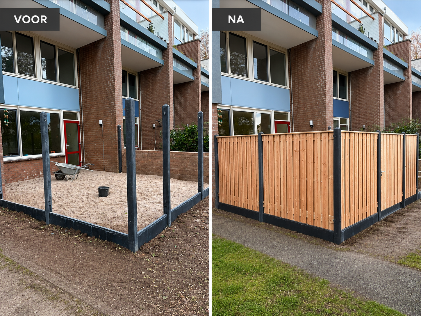 Schutting plaatsen — voor & na — project A.C. Kortland Regio Utrecht