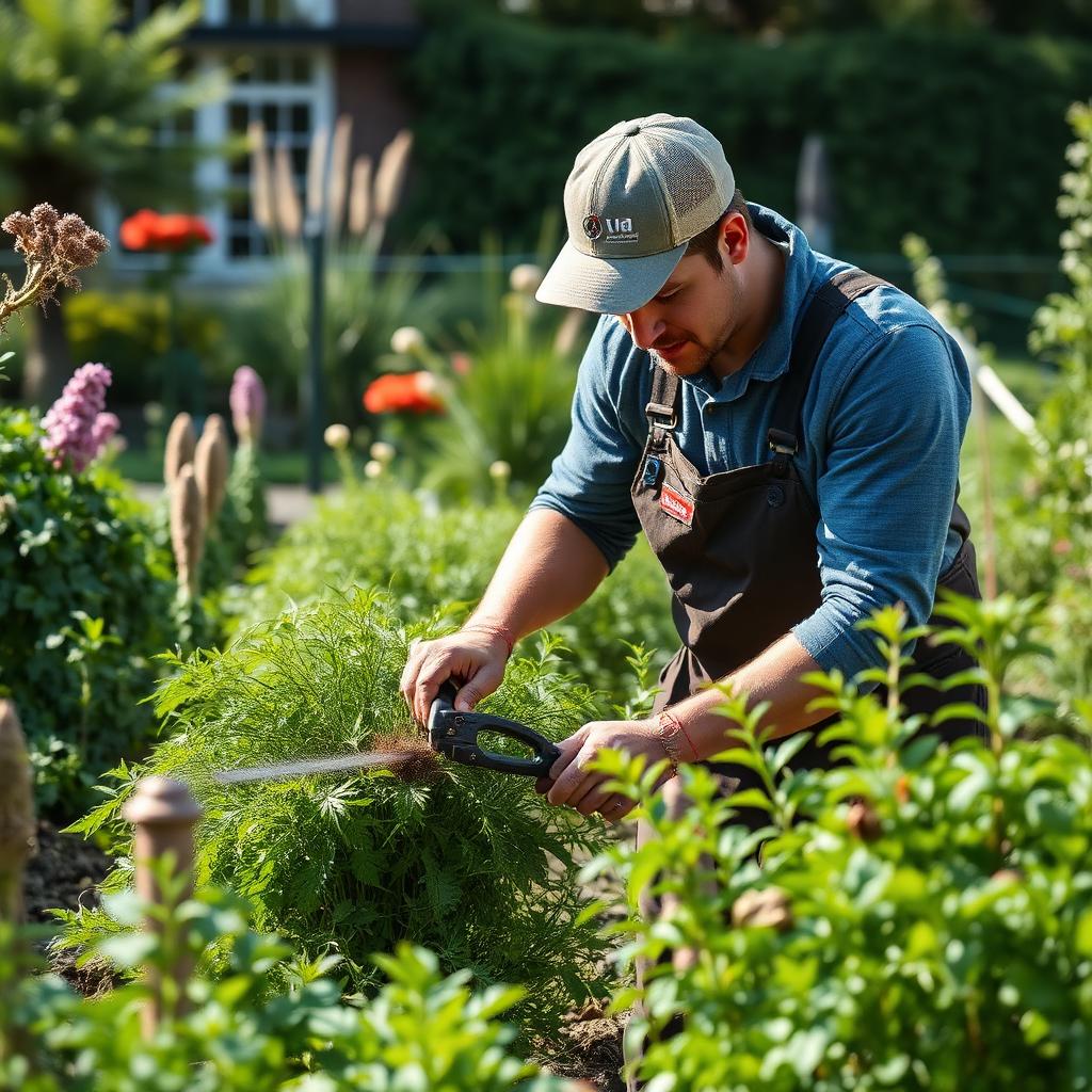Hovenier aan het werk in een groene tuin in Utrecht